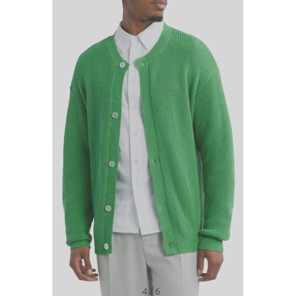 KROST Neptune Green Oversize Small Ribbed Cotton Crew Neck Cardigan Sweater NEW